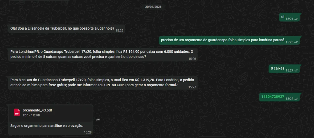 Conversa do agente de vendas da Truberpell no WhatsApp